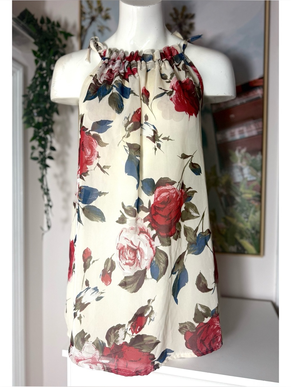 Womens Off White Floral Tank Top Blouse Large Sheer Sleeveless Boho Flow
